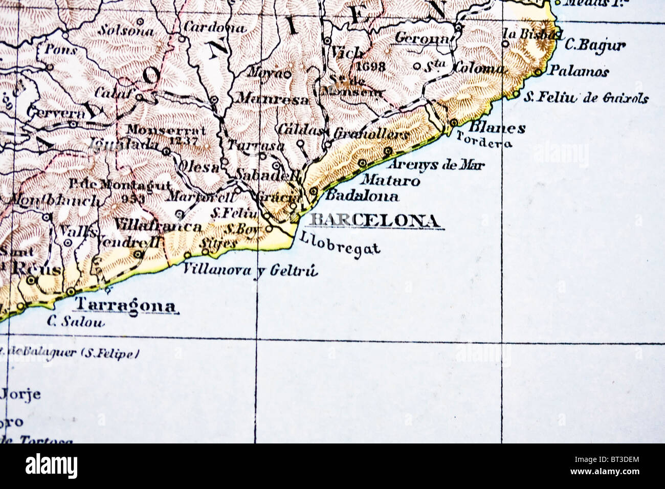 Antica mappa di Barcellona. Realizzata a mano in 1881 Foto Stock