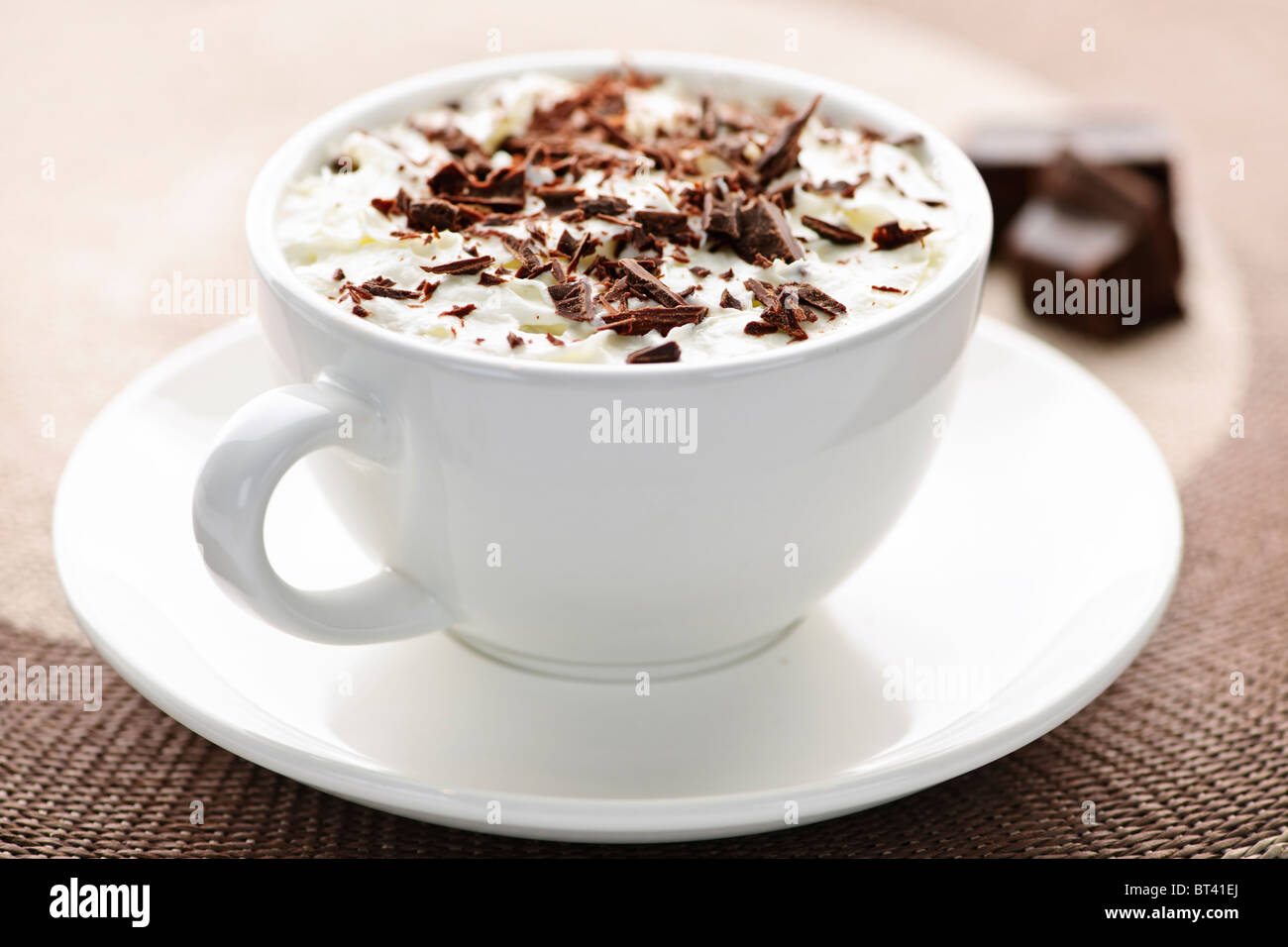 Tazza di cioccolata calda con radere al cioccolato e panna montata Foto Stock Tazza di cioccolata calda con radere al cioccolato e panna montata Foto Stock