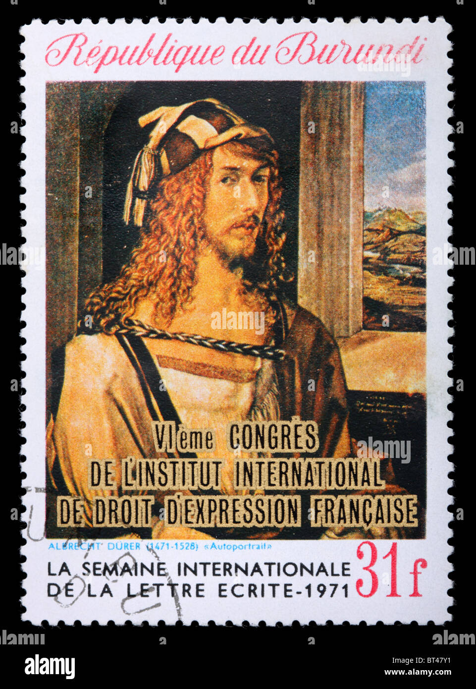 Un timbro stampato nella Repubblica del Burundi mostra una foto da Albrecht Dürer "Self-portrait", circa 1971. Isolato su nero Foto Stock