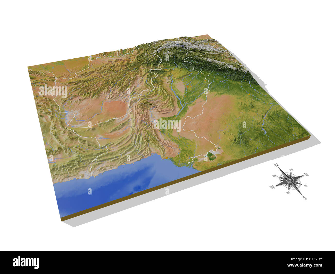 Il Pakistan, 3D rilievo mappa con le aree urbane e le frontiere. Foto Stock