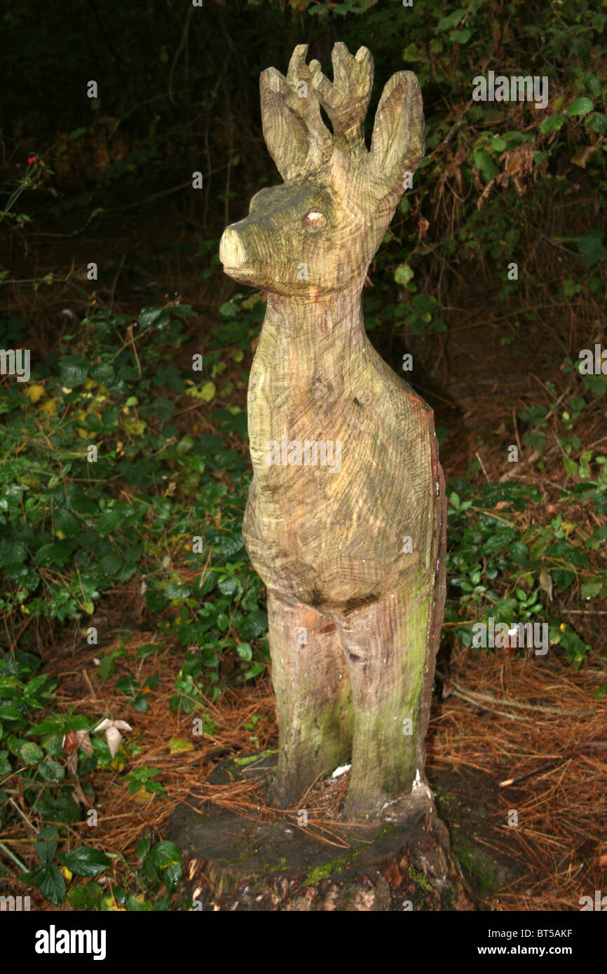 Legno intagliato Deer prese a camere agriturismo legno, Lincolnshire, Regno Unito Foto Stock
