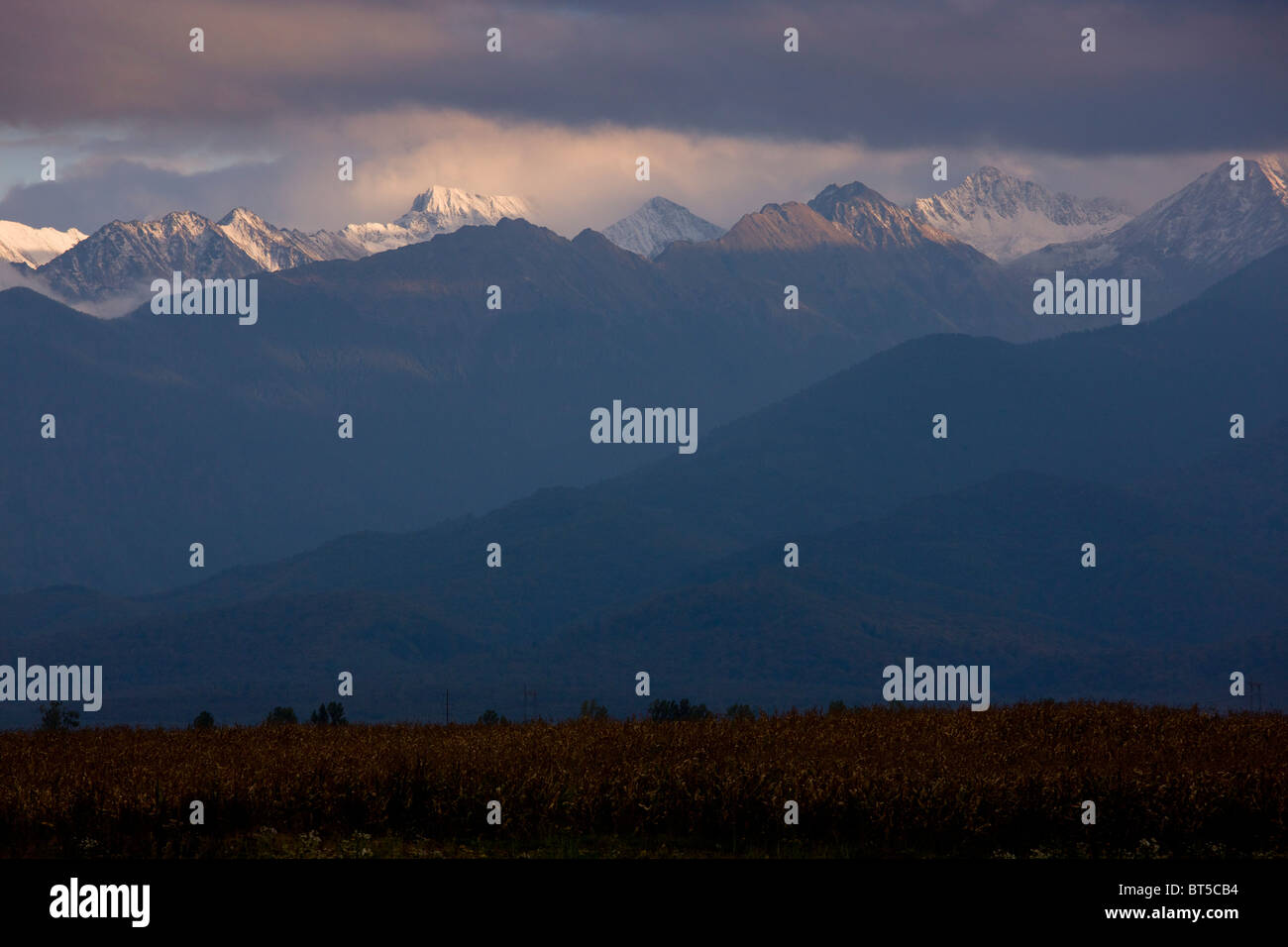 Vista serale di alta montagna Fagaras (Carpazi Meridionali) da nord, intorno al picco Moldoveanu (2544 metri), Romania Foto Stock