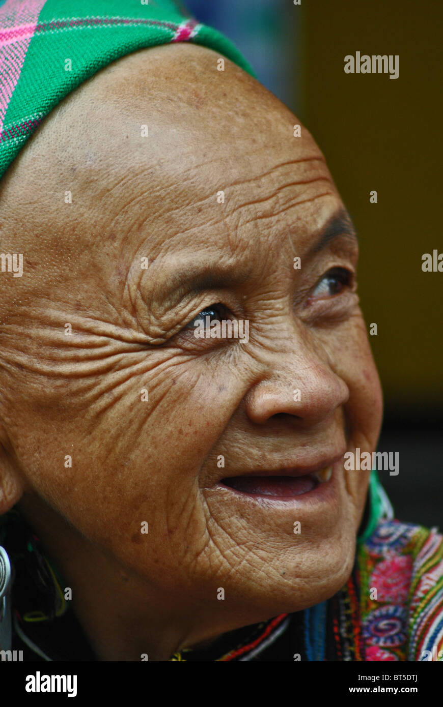 Donna anziana dal fiore tribù Hmong vicino a SAPA, Vietnam Foto Stock