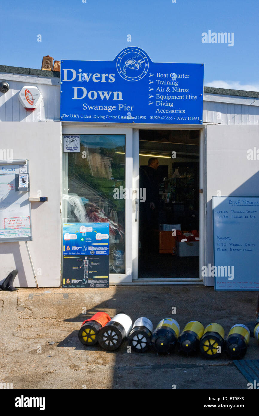 Mare Divers Shop sul molo a Swanage, Dorset, Regno Unito Foto Stock