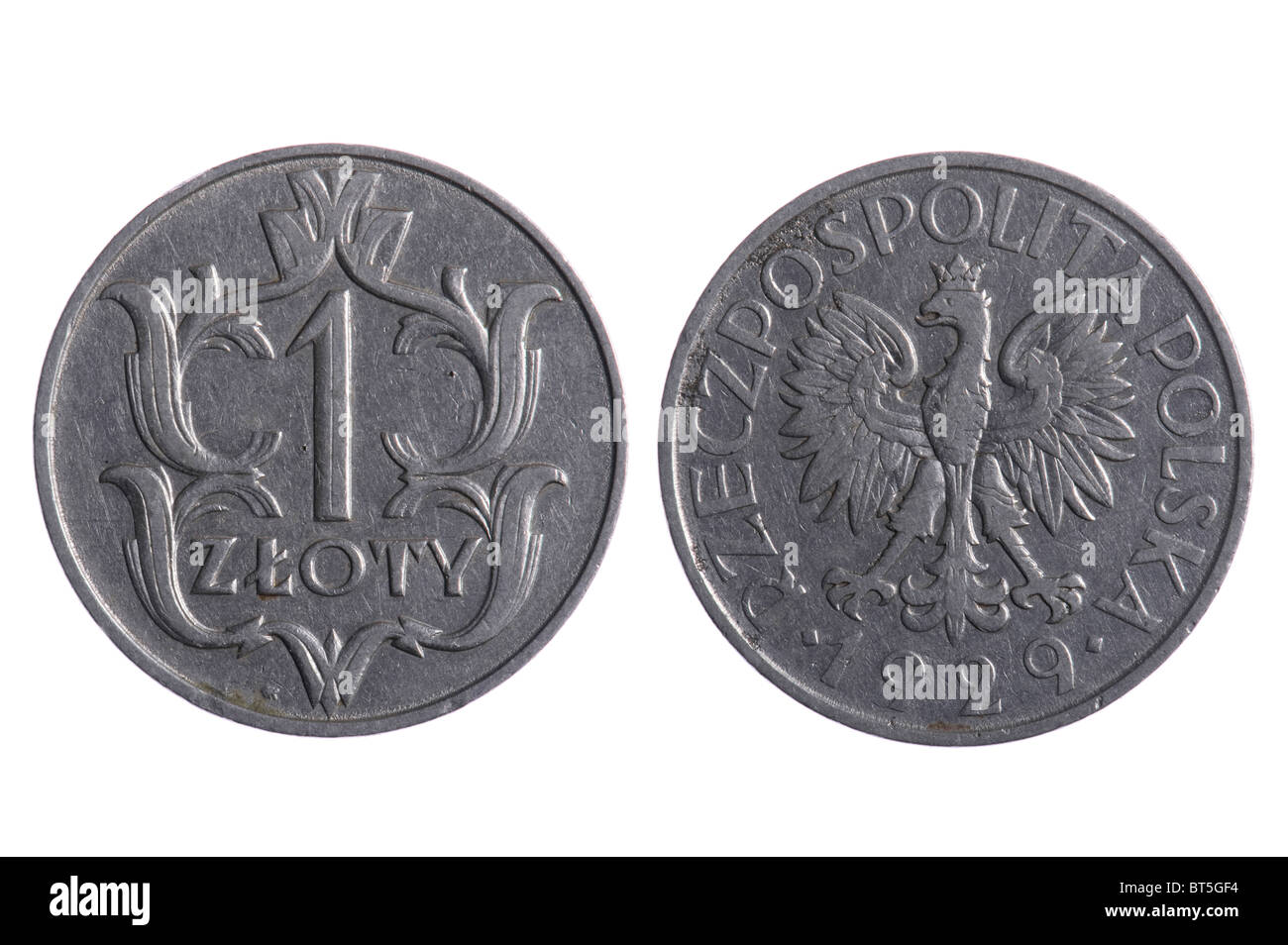 Oggetto su bianco - Polska monete close up Foto Stock
