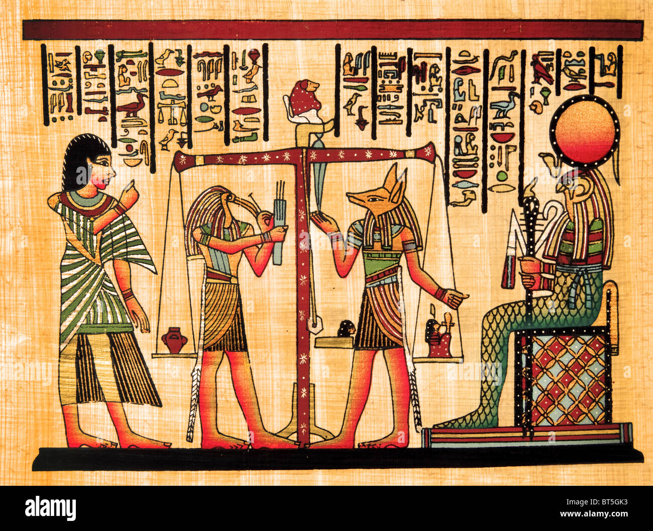 Antico papiro egiziano e hieroglyph Foto Stock