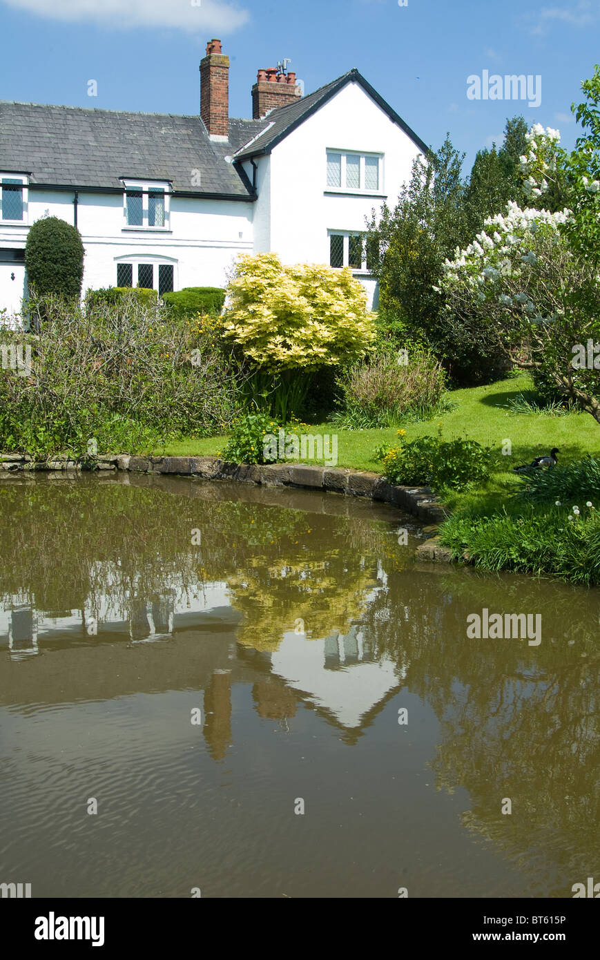 Estate canal bank, UK GB Regno Unito Gran Bretagna Inghilterra inglese blu, cargo, costruzione, , in Inghilterra, piede, foresta, verde Foto Stock