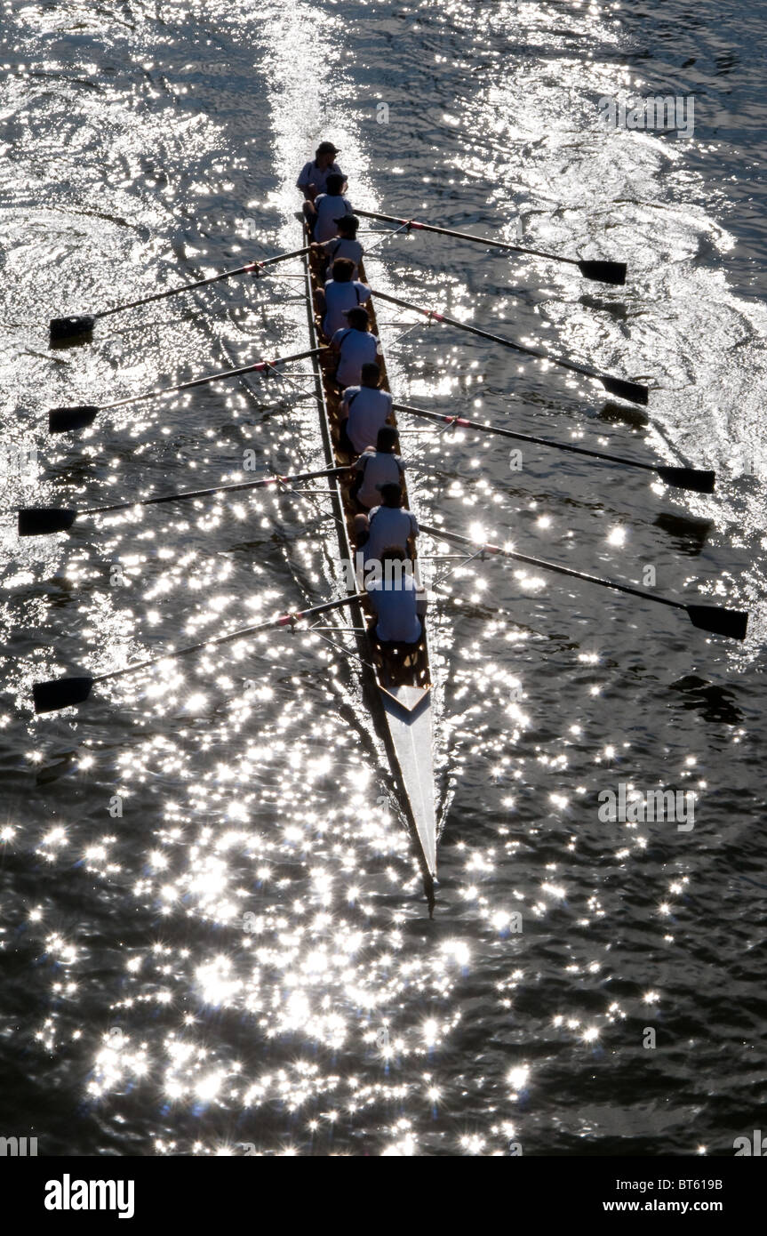 Sport di squadra barca a remi silhouette atleta di overhead, barca-racing, in barca barca-gara, canoa, college, competere, della concorrenza, dell'equipaggio, e Foto Stock
