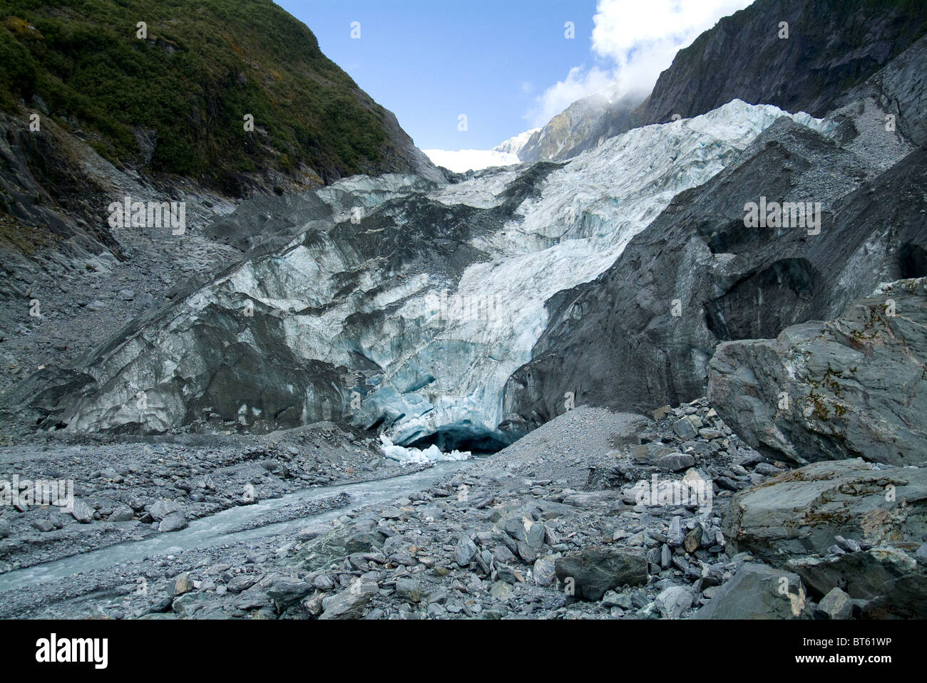 Ghiacciaio Franz Josef Glacier faccia terminale Westland National Park West Coast ghiaccio terminale morain campo di boulder Foto Stock