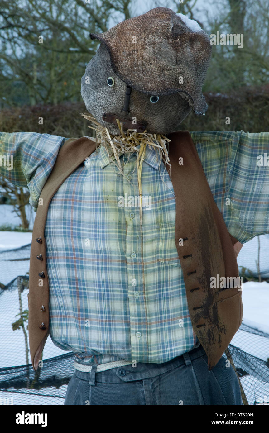 Spaventare crow style mill cheshire neve invernale congelati frost agricoltura, autunno, sfondo, bird, blu, colorato, tute, croccante Foto Stock