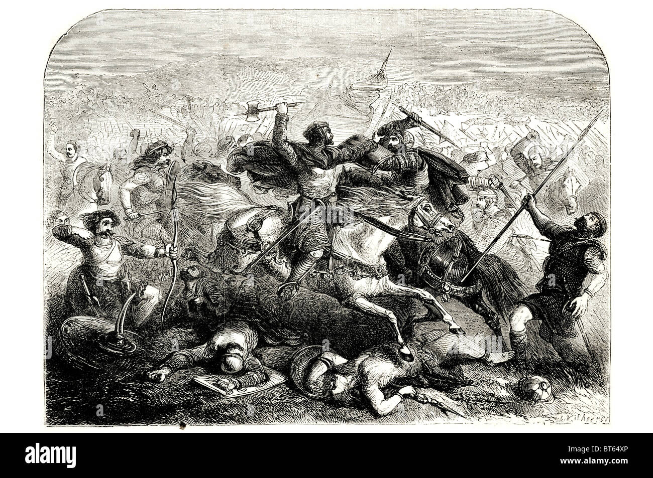 King Arthur sconfiggendo i sassoni cavallo di battaglia ax britannici sconfigge Saxon Mons Badonicus nel 516 d.c. (Inglese Mount Badon, Gallese Mynyd Foto Stock