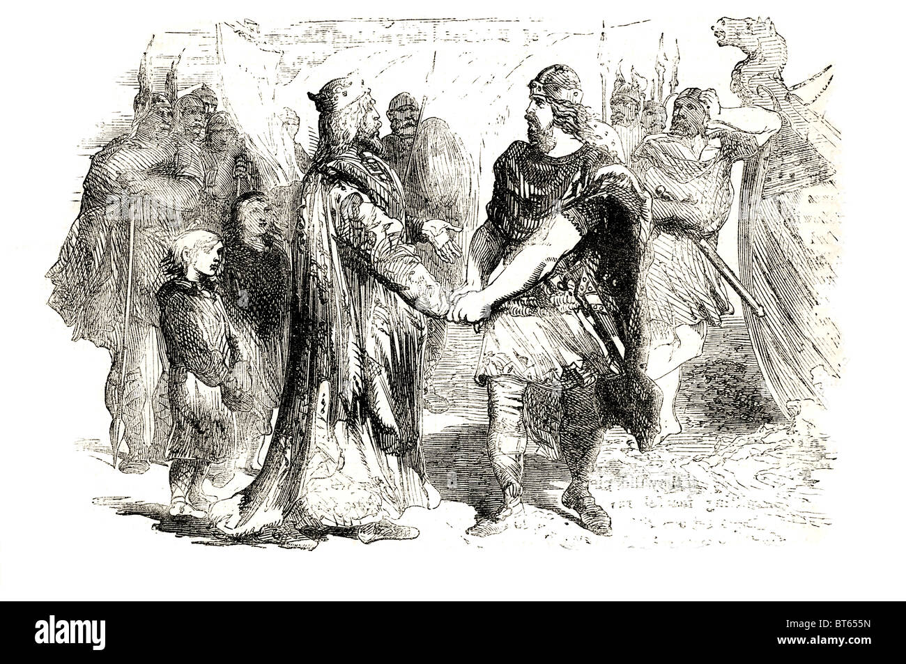 Edmund ironside e canuto incontro sull isola di alney grande Norreno: Knūtr inn rīki. 985 o 995 - 12 novembre 1035 re di Den Foto Stock