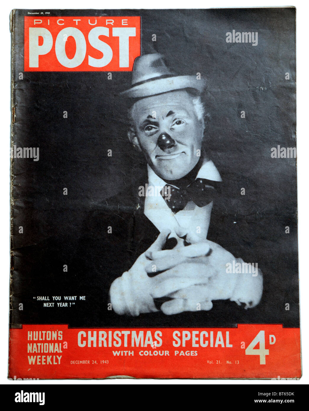 Tommy trinder clown attore comico naso rosso 24 dicembre 1943 Immagine Post photojournalistic prominente rivista pubblicata Regno Foto Stock
