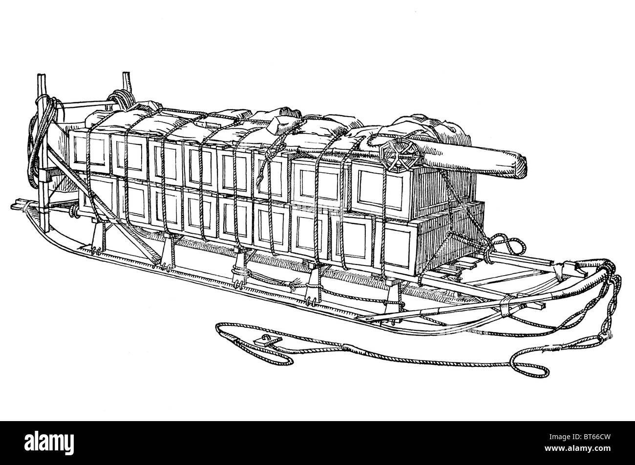 Ampia runner slitta antartico artico esplorare esplorazione cala di trasporto tirare cane manpower 1930 1940 presto in legno Sledg sled Foto Stock