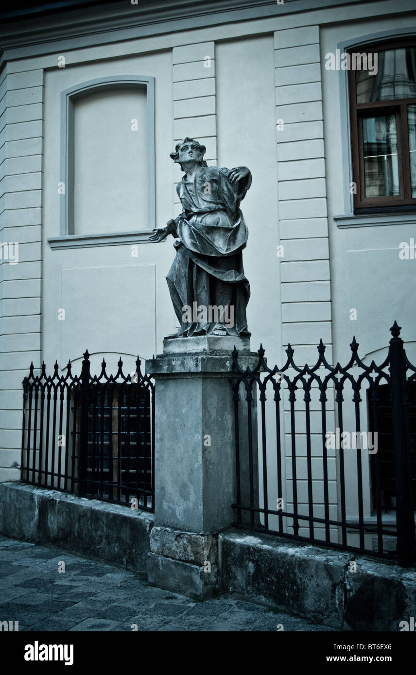 Statua con libro vicino Cattedrale latina, Lviv Foto Stock
