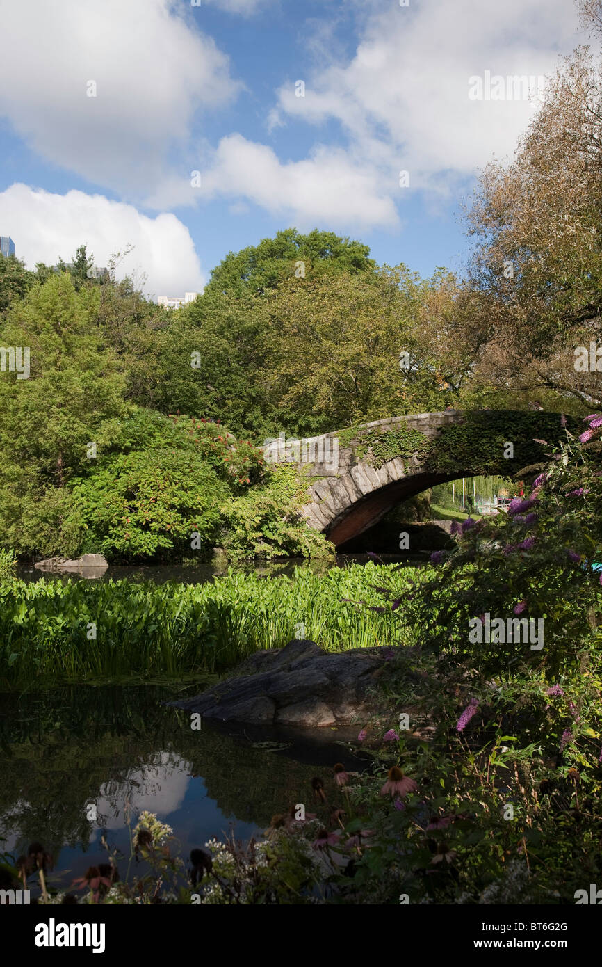 Lo stagno e Gapstow Bridge, al Central Park di New York Foto Stock