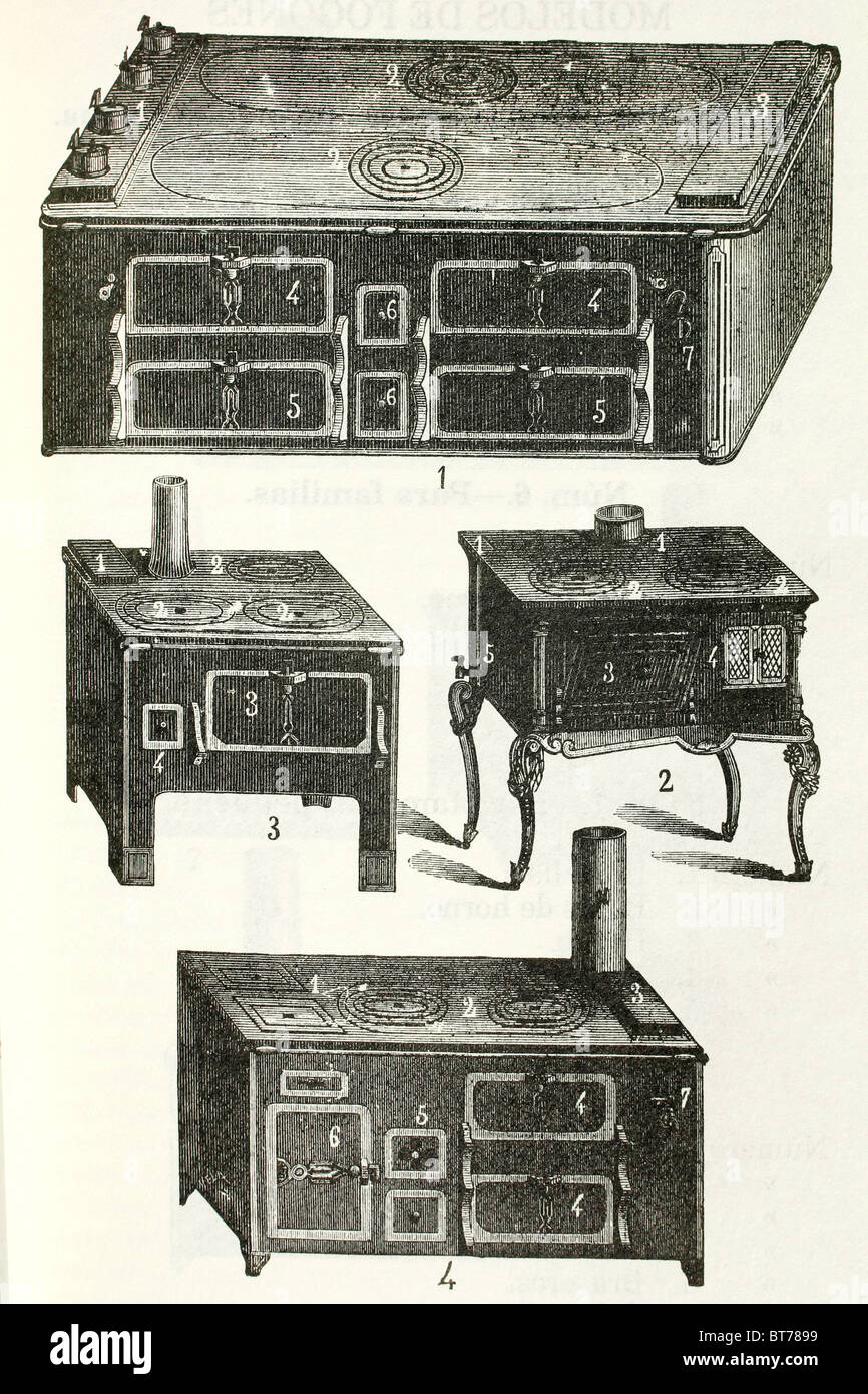 Un assortimento di vecchie stufe. Illustrazione di antiquariato. 1892. Foto Stock