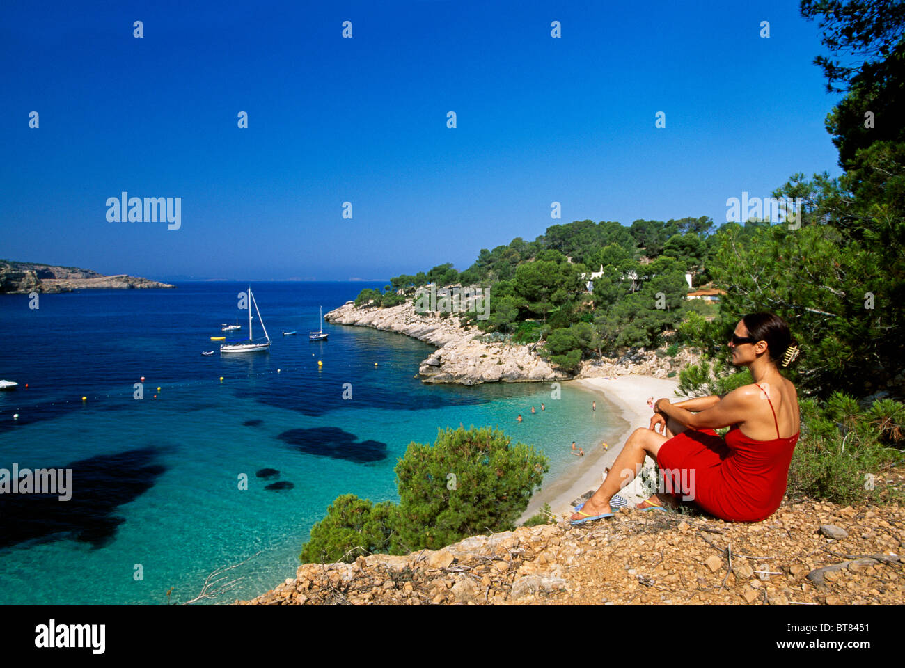 Cala Salada, Ibiza, Isole Baleari, Spagna Foto Stock