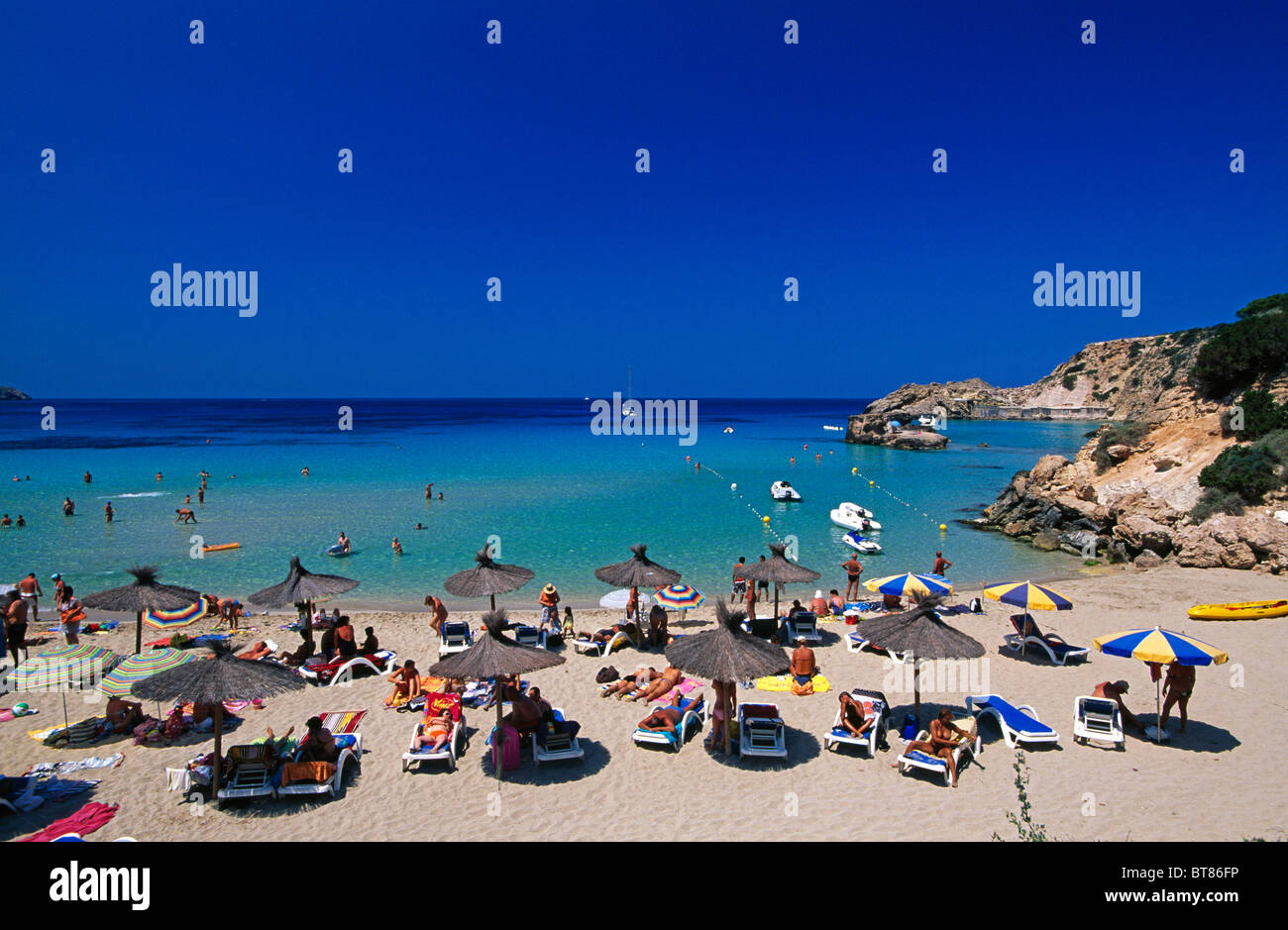Spiaggia, Ibiza, Isole Baleari, Spagna Foto Stock
