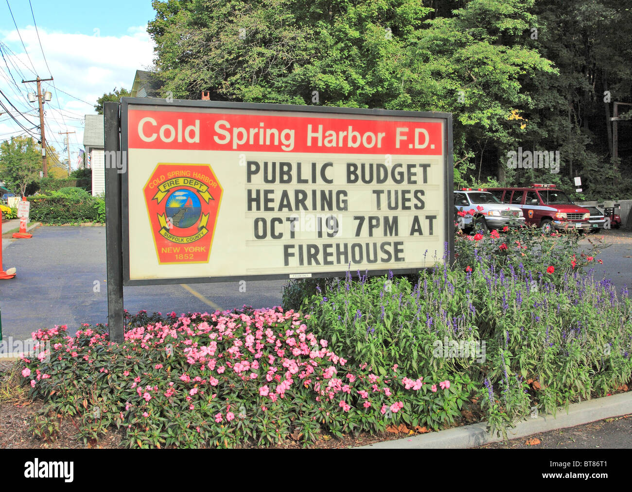 Annuncio pubblico segno esterno Cold Spring Harbor firehouse Long Island NY Foto Stock
