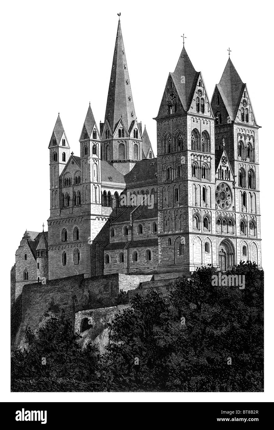 Cattedrale di Limburgo. Xilografia scansione di stampa/ ripristinati dal 1885 edition Geschichte der Deutschen Kunst v.1 da archivio personale. Foto Stock