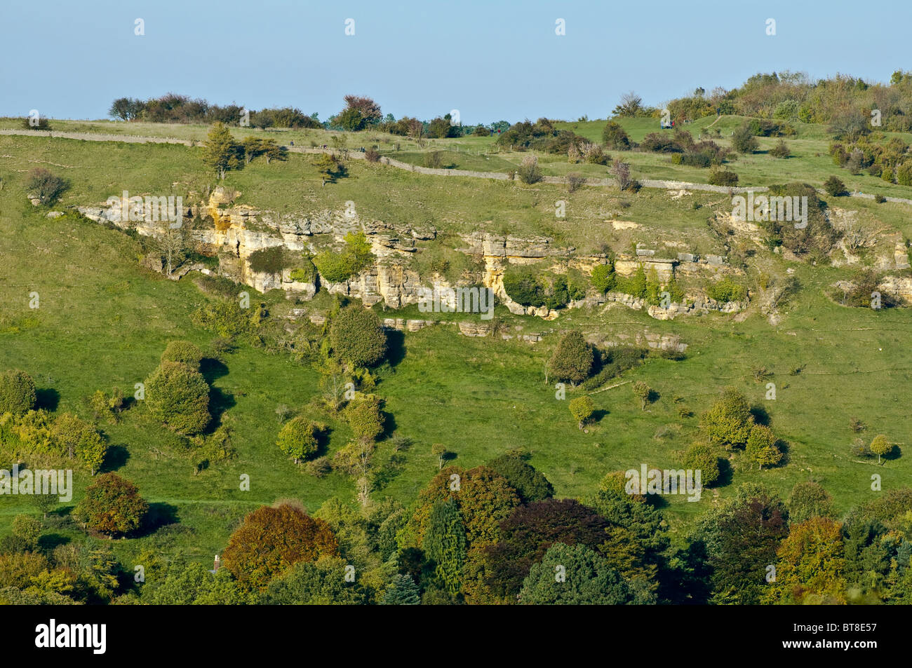Crickley Hill, il Cotswold scarpata con esposti Oolitic calcare. Cotswolds, Gloucestershire, Inghilterra, Regno Unito. Foto Stock