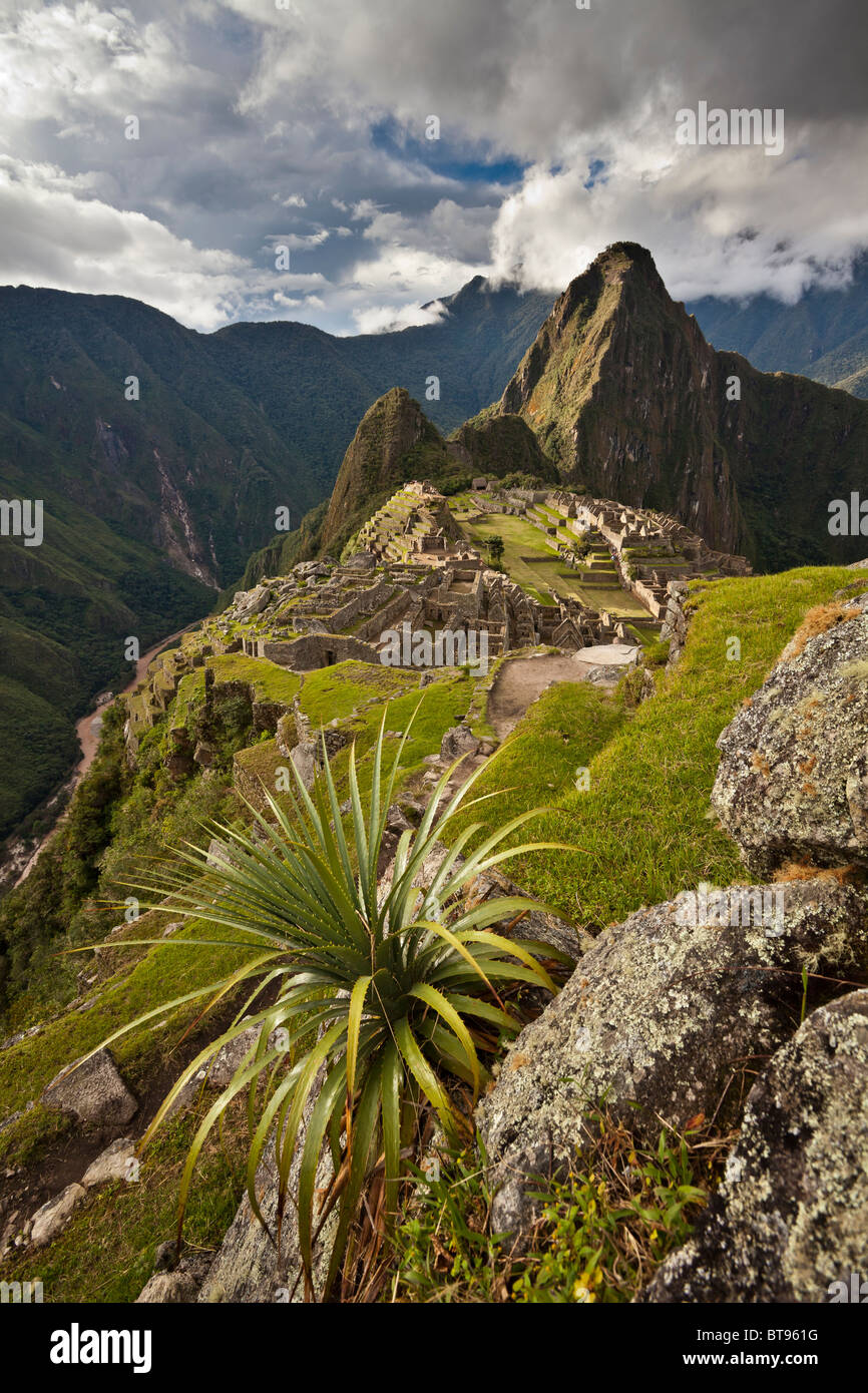 Machu Picchu, l'antica "Città perduta degli Incas", 1400 CA, 2400 metri. Picco di Huaynapicchu (giovane montagna) nella distanza Foto Stock
