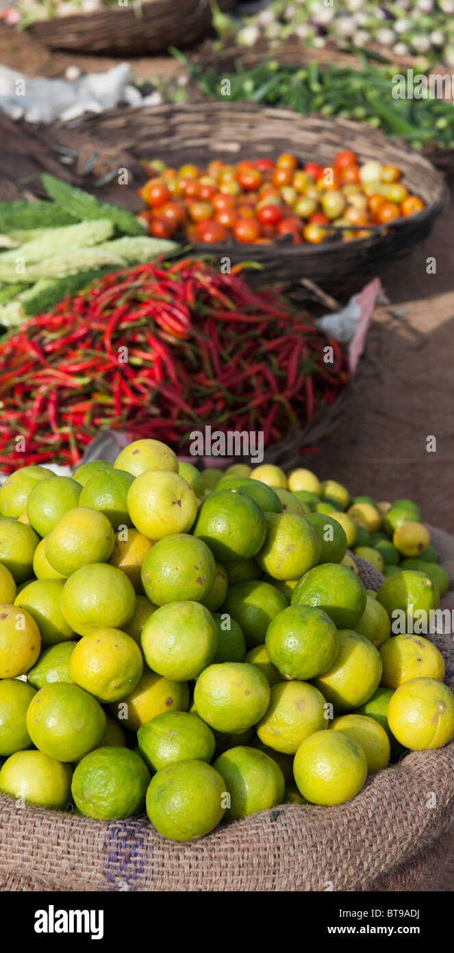 Sacco di limoni, cestino di chilis rosso in un mercato in India Foto Stock
