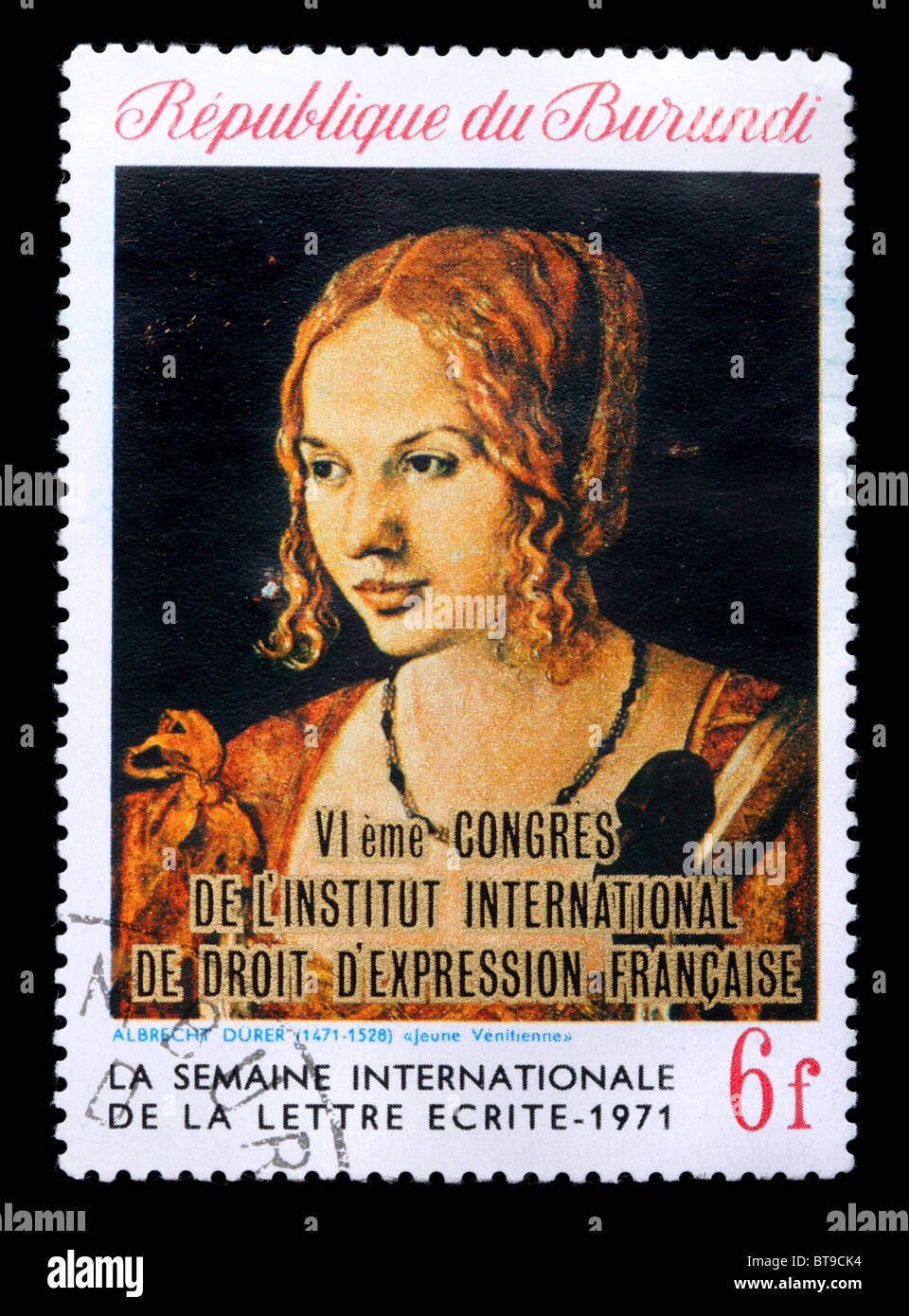 Un timbro stampato nella Repubblica del Burundi mostra una foto da Albrecht Dürer "Ritratto di una giovane donna veneziana", circa 1971 Foto Stock