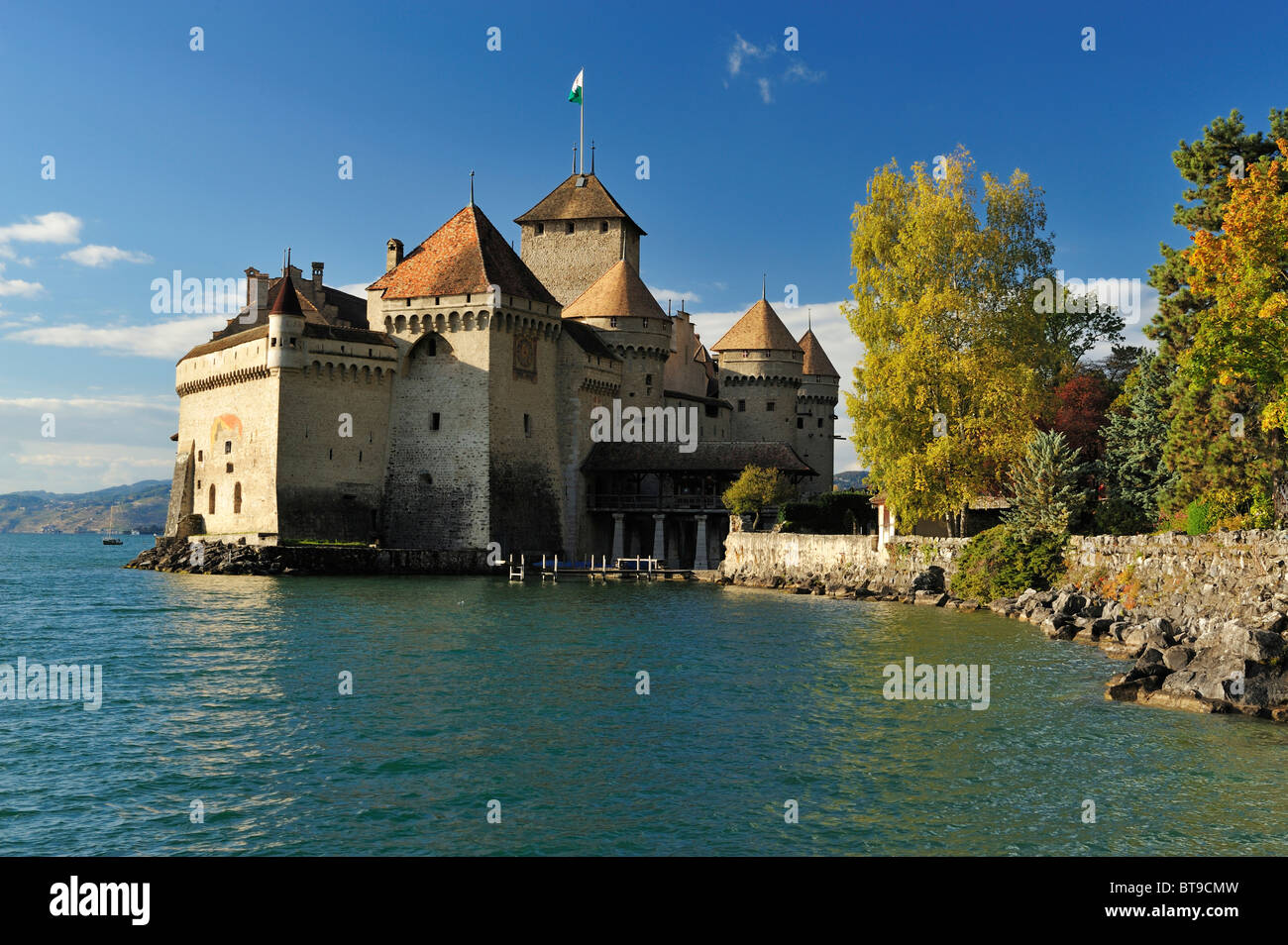 Il Castello di Chillon sul lago di Ginevra, Veytaux, Montreux, Svizzera, Europa Foto Stock