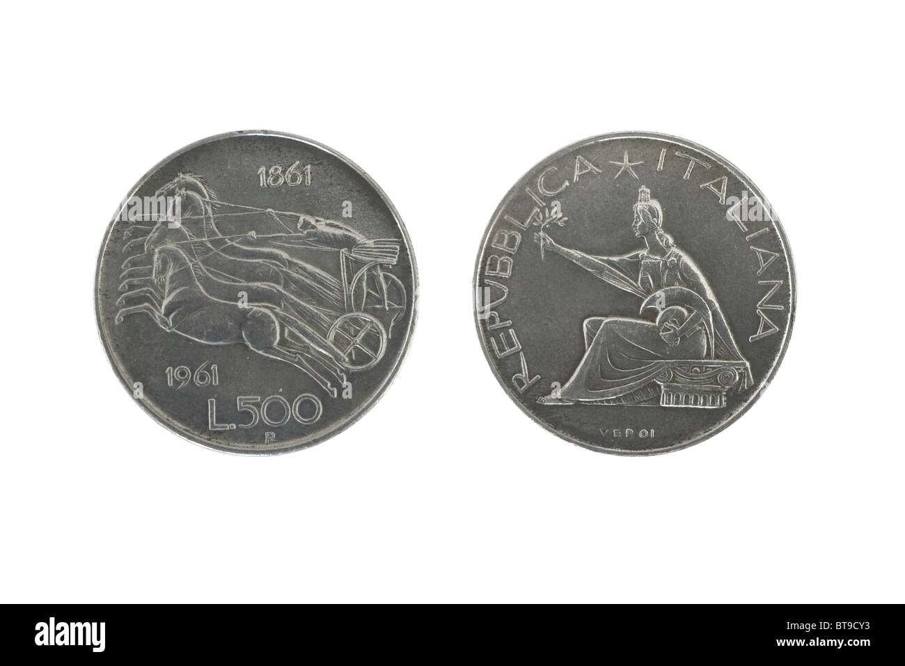 Vecchio italiano 500 monete d'argento isolato su sfondo bianco Foto Stock