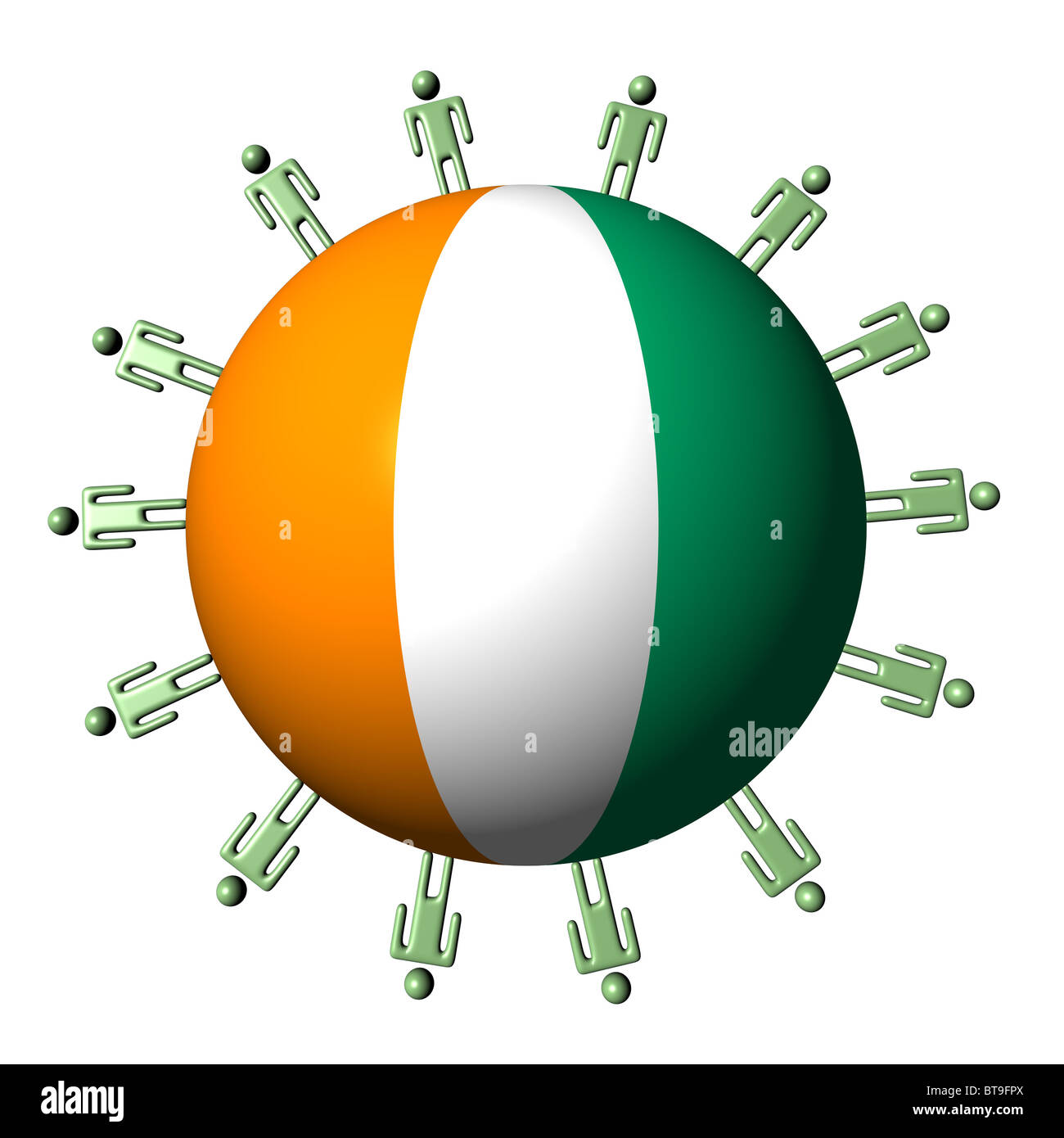 Cerchio di astratti persone intorno a bandiera della Costa d'Avorio sfera illustrazione Foto Stock