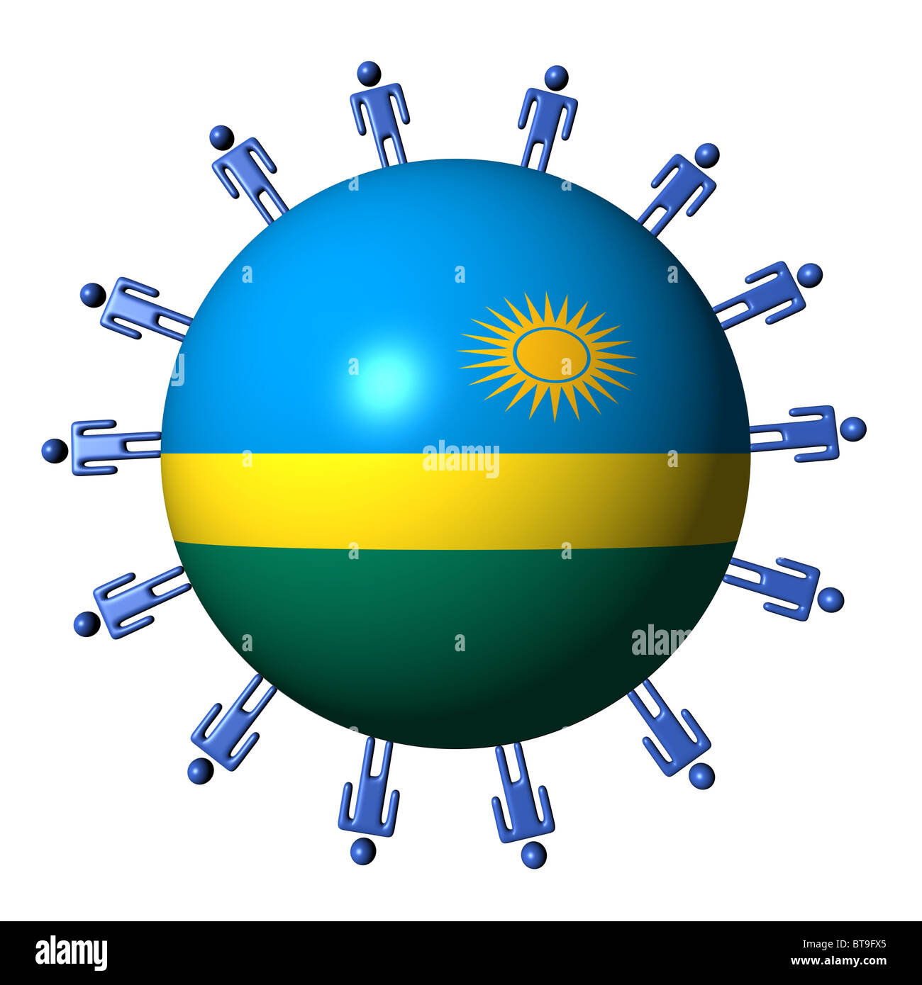 Cerchio di astratti persone intorno al Ruanda bandiera sfera illustrazione Foto Stock