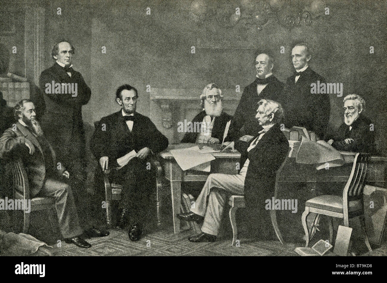 Il presidente Abraham Lincoln fa la prima lettura di un progetto del Proclama di emancipazione nel 1864 con il suo gabinetto: Foto Stock