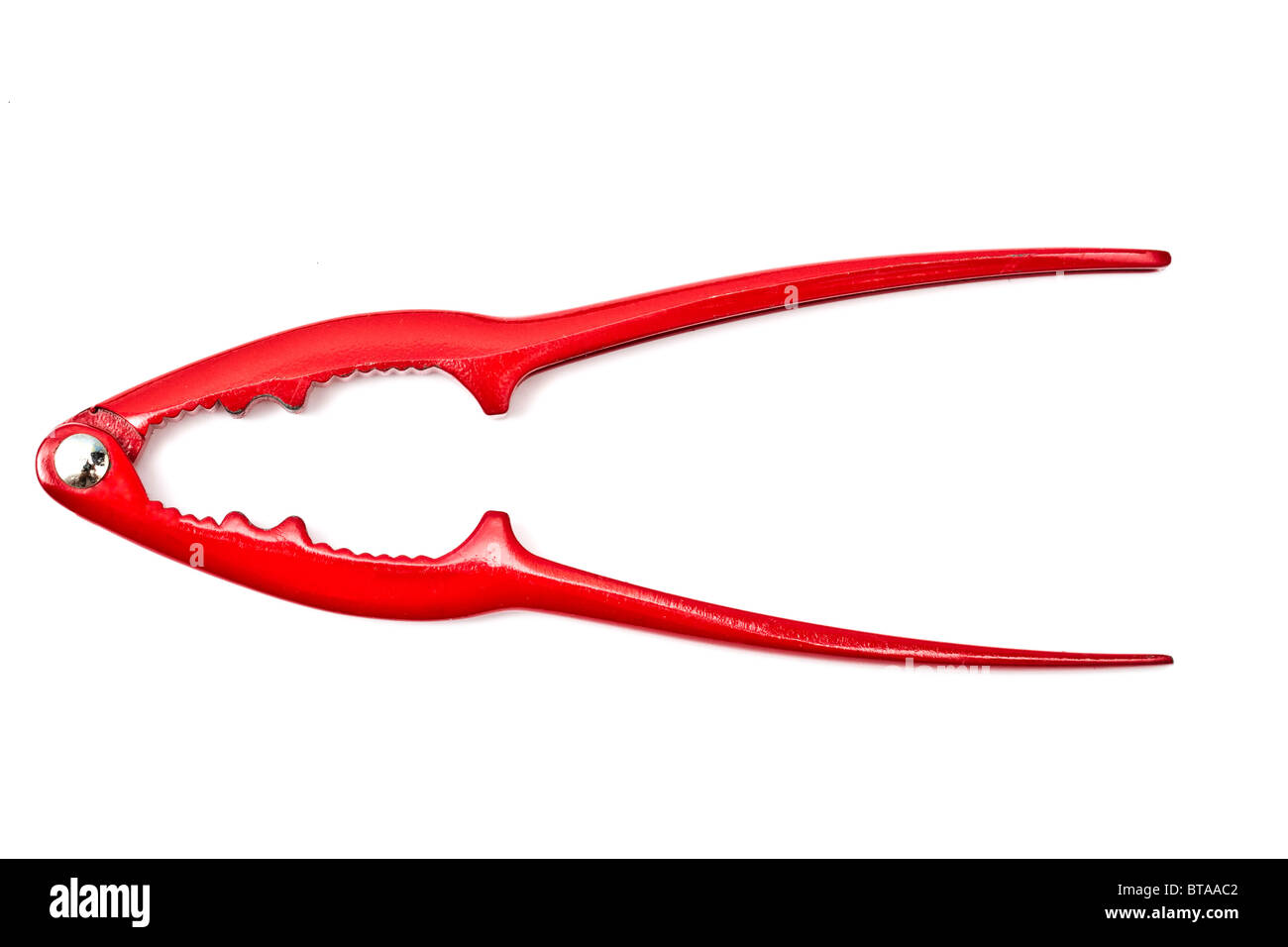 Un rosso schiaccianoci isolato su uno sfondo bianco Foto Stock