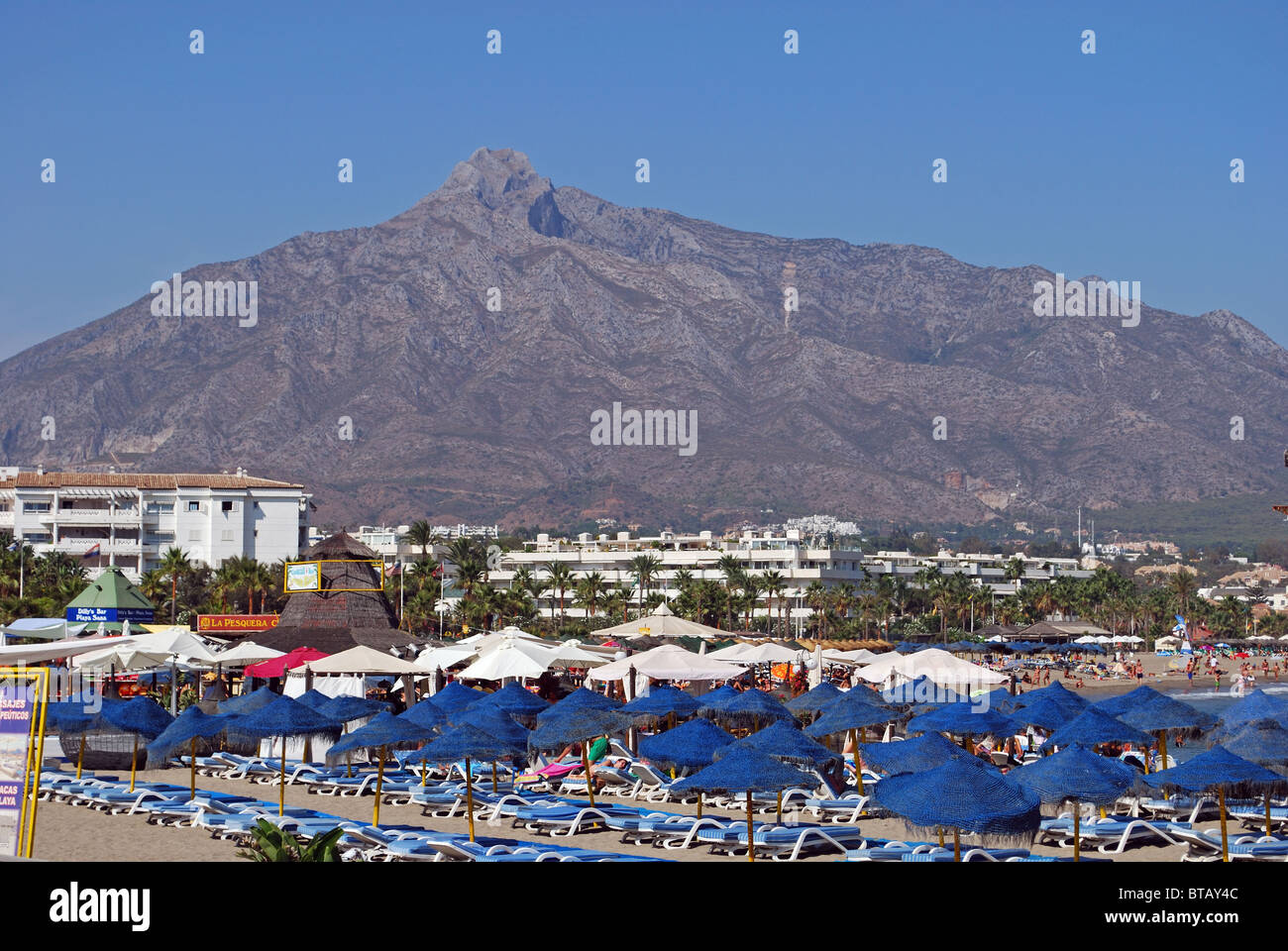 Vista lungo la spiaggia di Puerto Banus a Marbella, Costa del Sol, provincia di Malaga, Andalusia, Spagna, Europa occidentale. Foto Stock