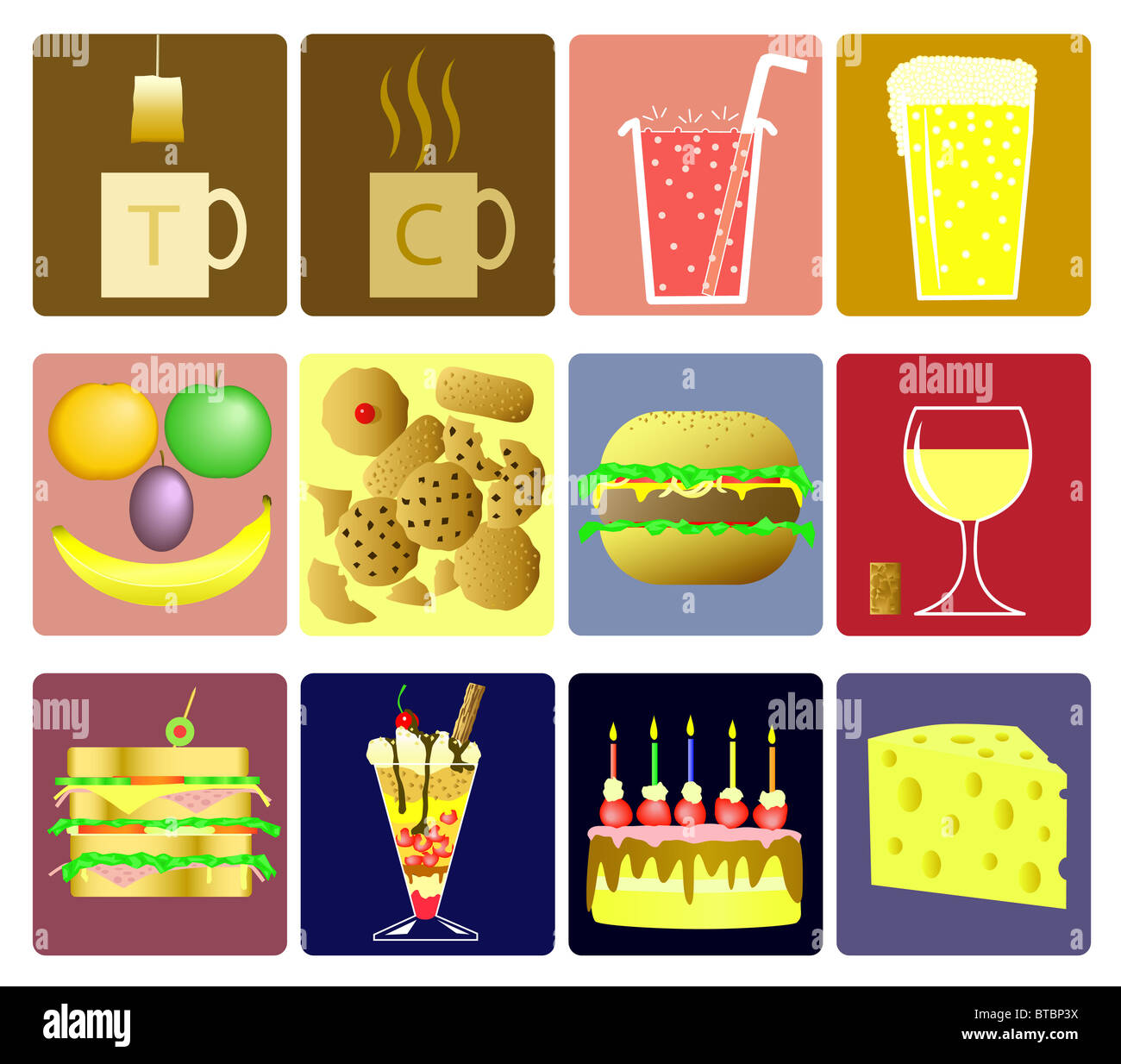 Set di icone illustrate di bevande e snack Foto Stock