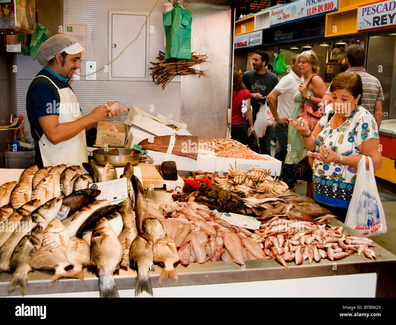 Pesce pescivendolo Malaga Centrale mercato Atarazanas Spagna Foto Stock