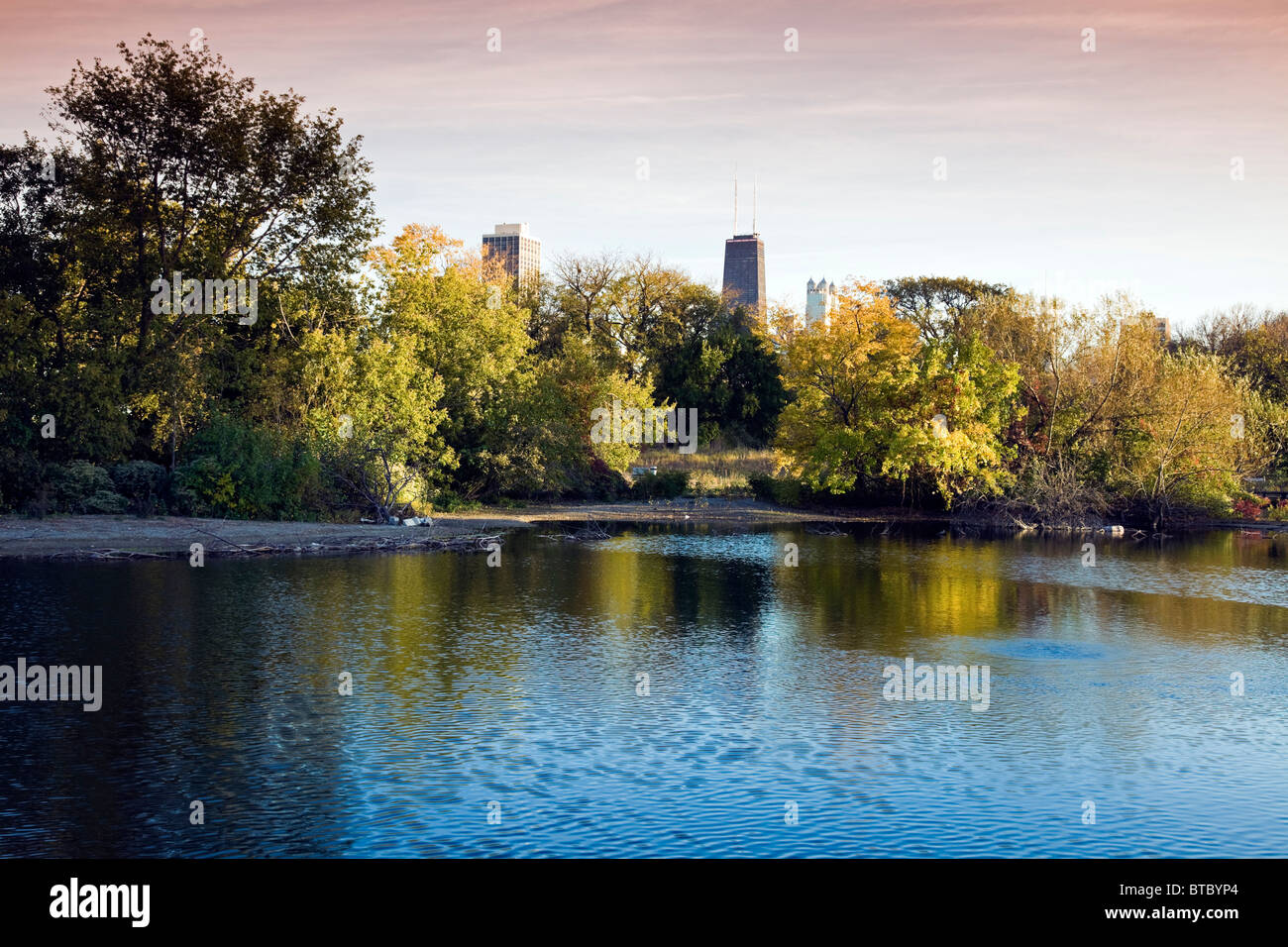 Gli edifici del centro visto dal Lincoln Park Foto Stock