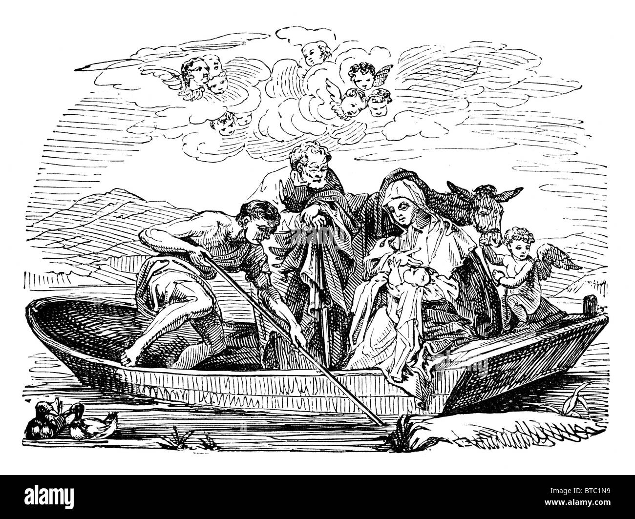 Il volo di Giuseppe e Maria e Gesù in Egitto; Bianco e Nero Illustrazione da William affinare la rubrica quotidiana Foto Stock