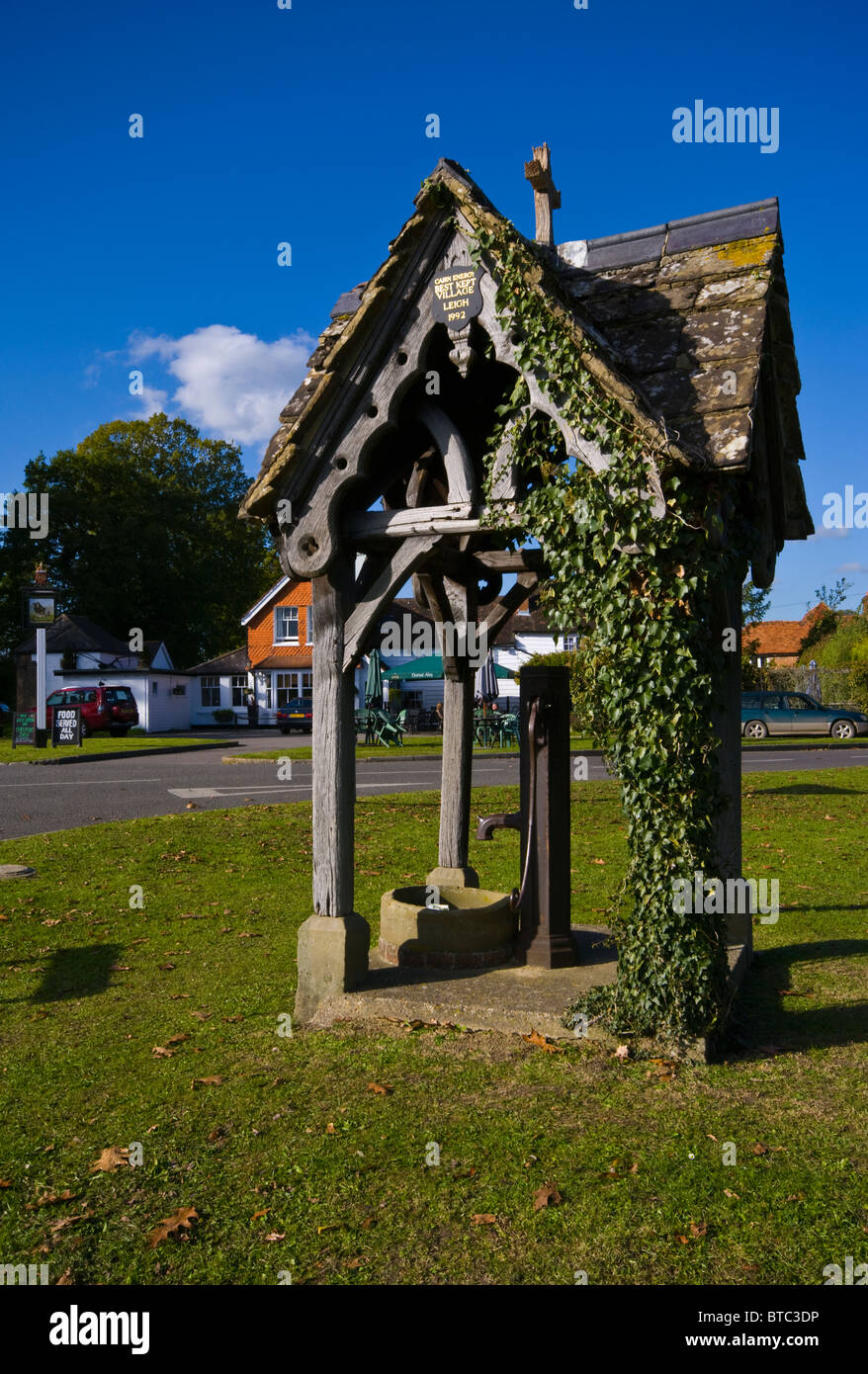 Il vecchio villaggio di pompa su Leigh verde con l'aratro Pub in background Surrey in Inghilterra Foto Stock