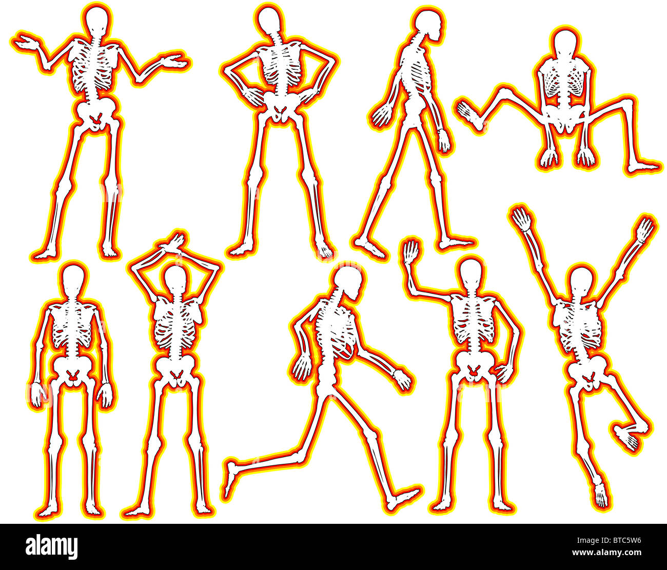 Set di scheletro illustrato i contorni con un bordo incandescente Foto Stock