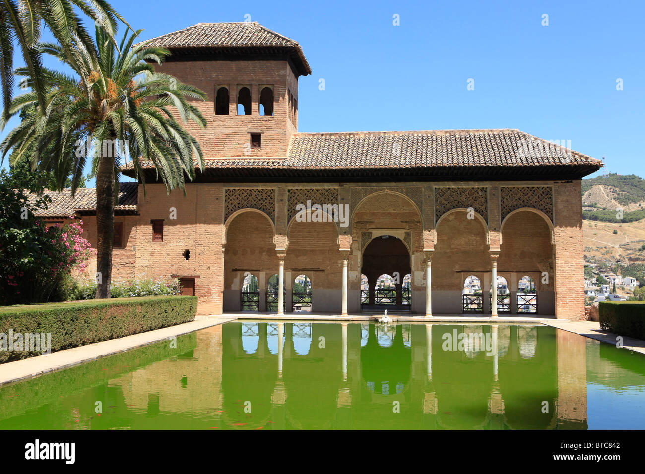 Torre de Las Damas con portico e la piscina a la Alhambra di Granada, Spagna Foto Stock