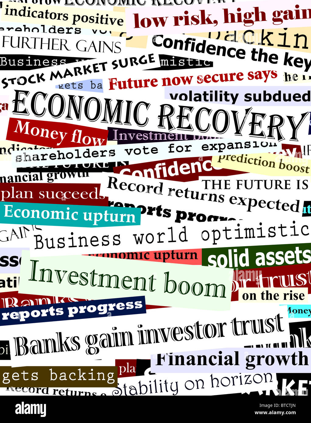 Background design illustrato di titoli di giornale circa la ripresa economica Foto Stock