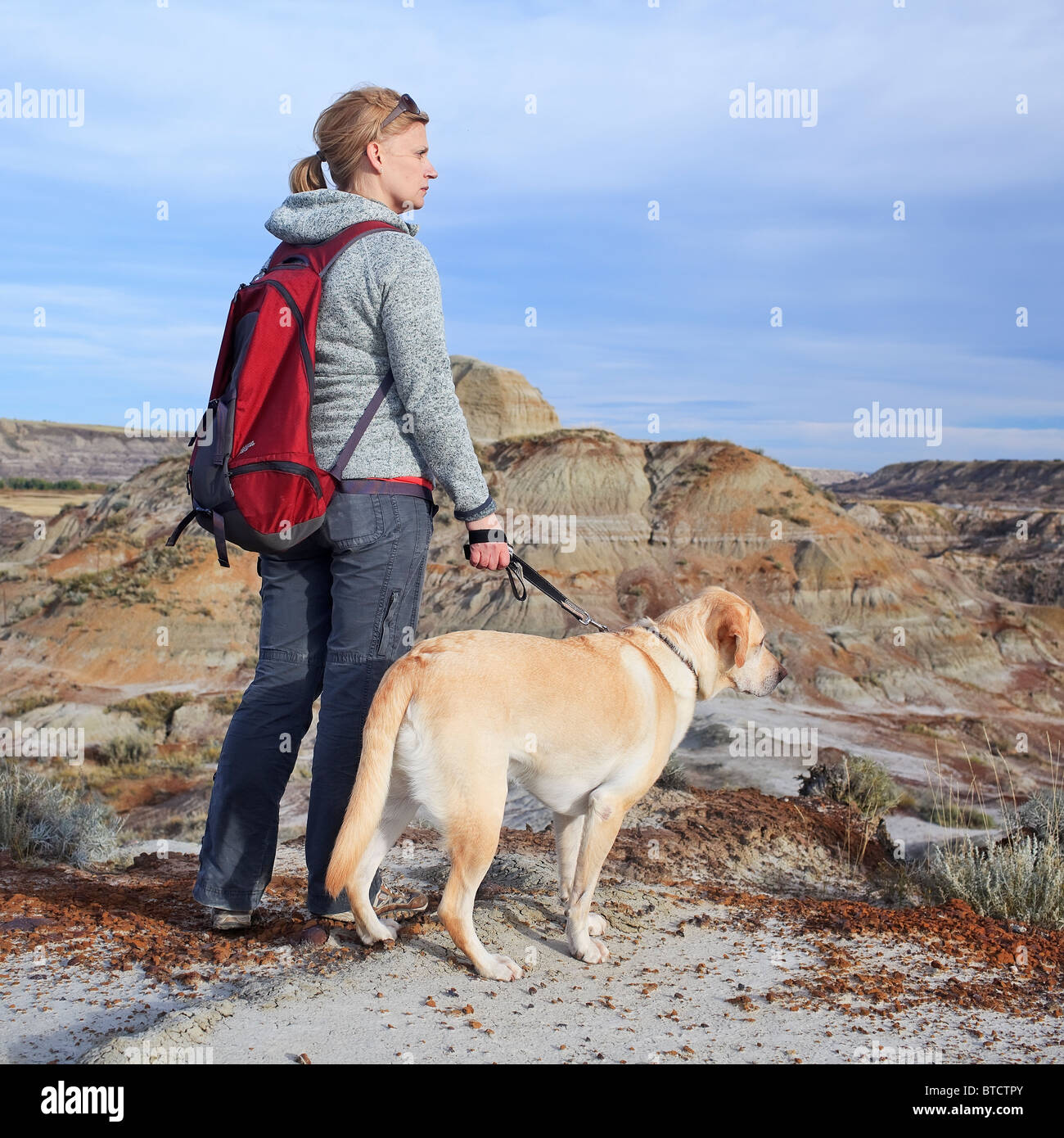 Donna escursionismo con il suo giallo Labrador Retriever cane, affacciato sul cavallo ladro Canyon, Badlands, Drumheller, Alberta, Canada. Foto Stock