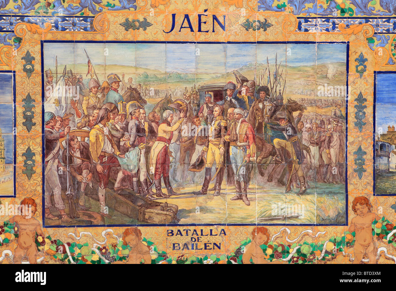 Dettaglio della nicchia piastrellata della Provincia di Jaen (battaglia di Bailen nel 1808) presso il Plaza de Espana in Siviglia, Spagna Foto Stock