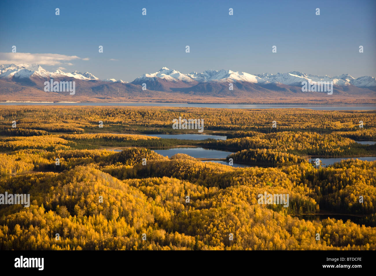 Vista aerea di laghi e foreste di betulla al punto Mackenzie in tutta da Anchorage, Chugach Mountains, Alaska Foto Stock
