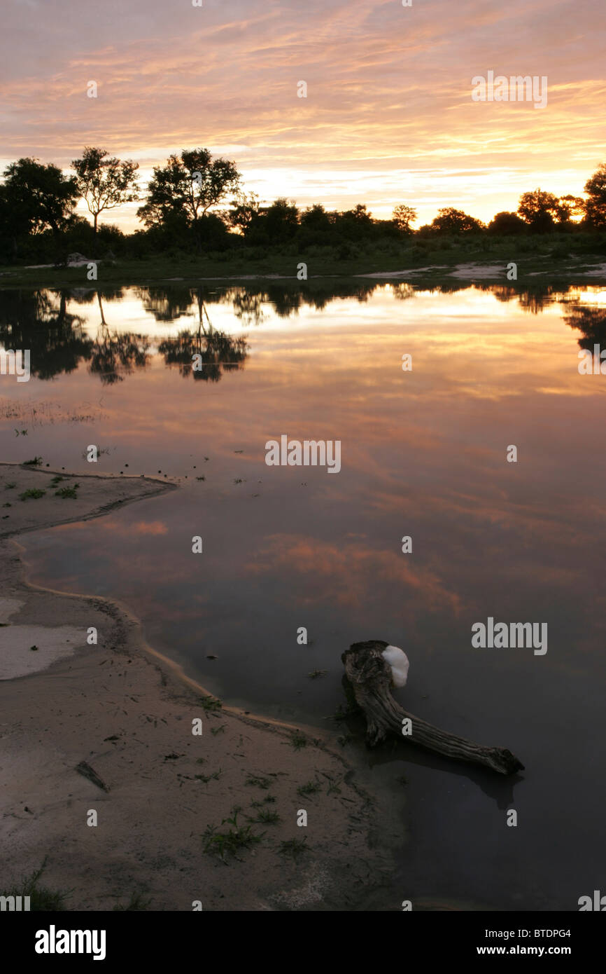 Tramonto su l'Okavango da una riva sabbiosa Foto Stock