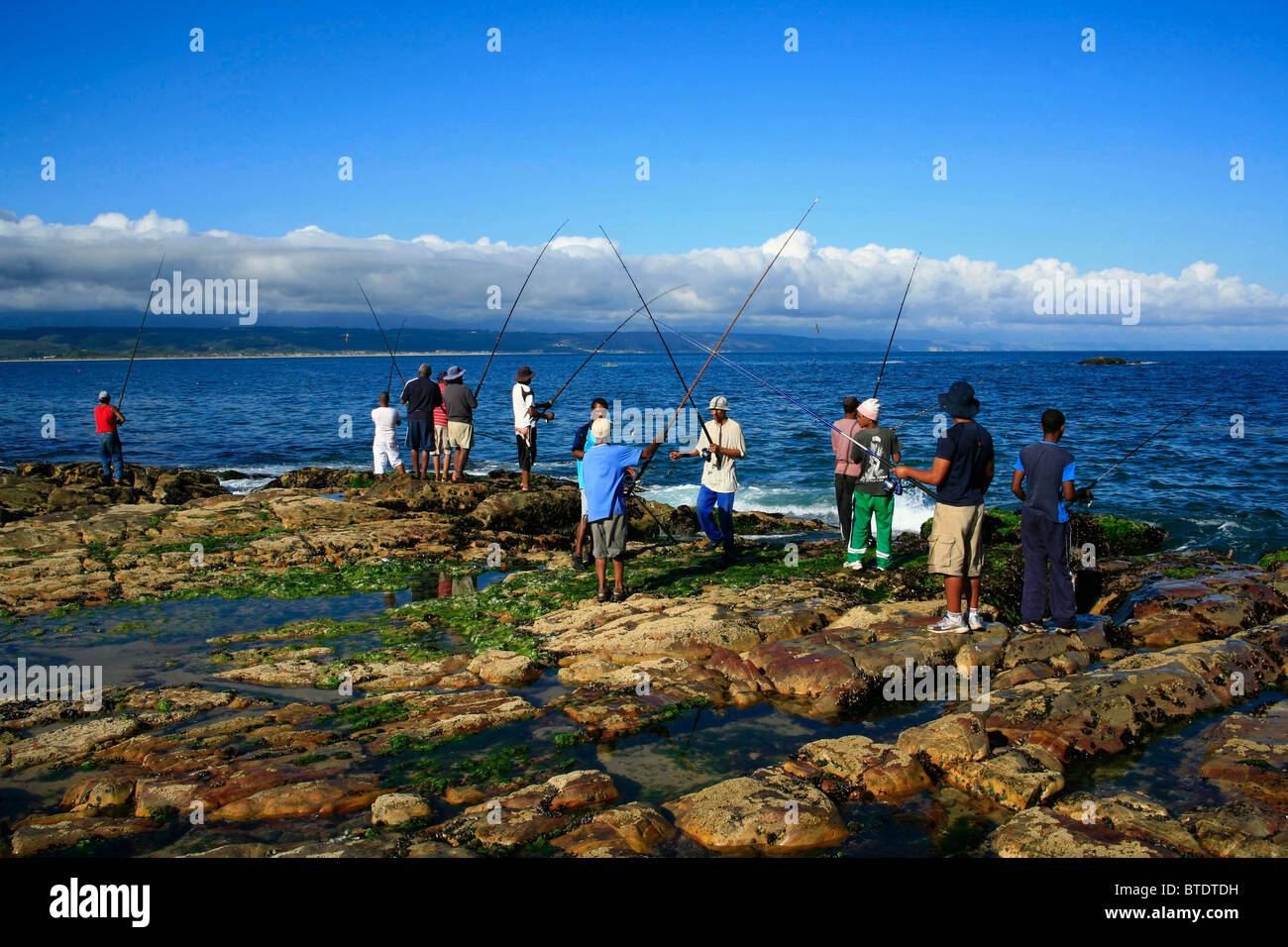 Un folto gruppo di pescatori pesca al largo di rocce costiere a Plettenberg Bay Foto Stock