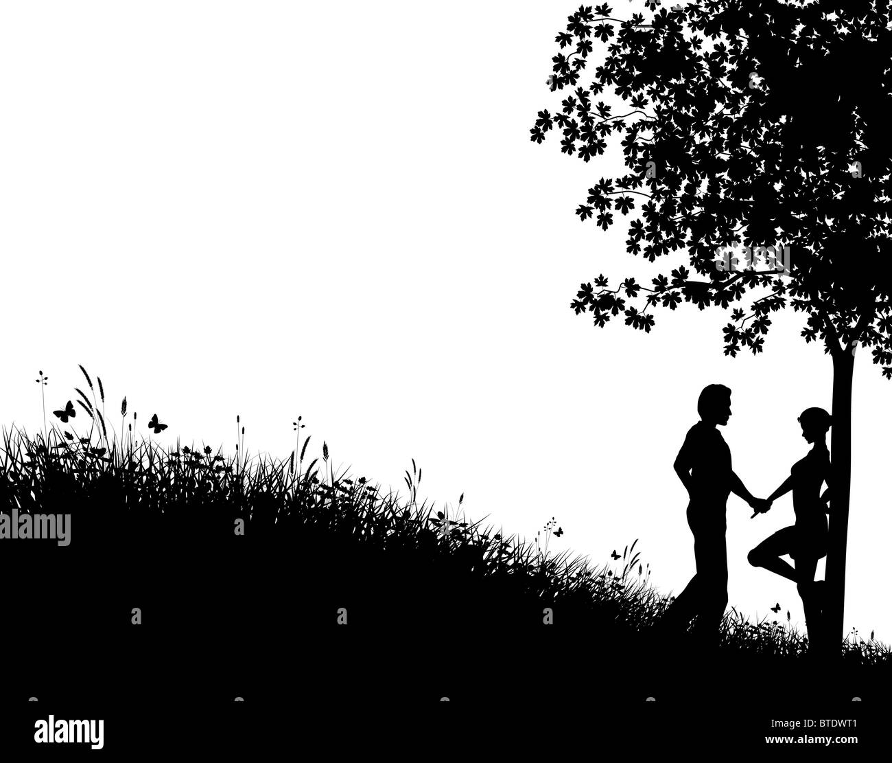 Illustrate la silhouette di una giovane coppia in un campo con struttura ad albero e l'erba più spazio di copia Foto Stock